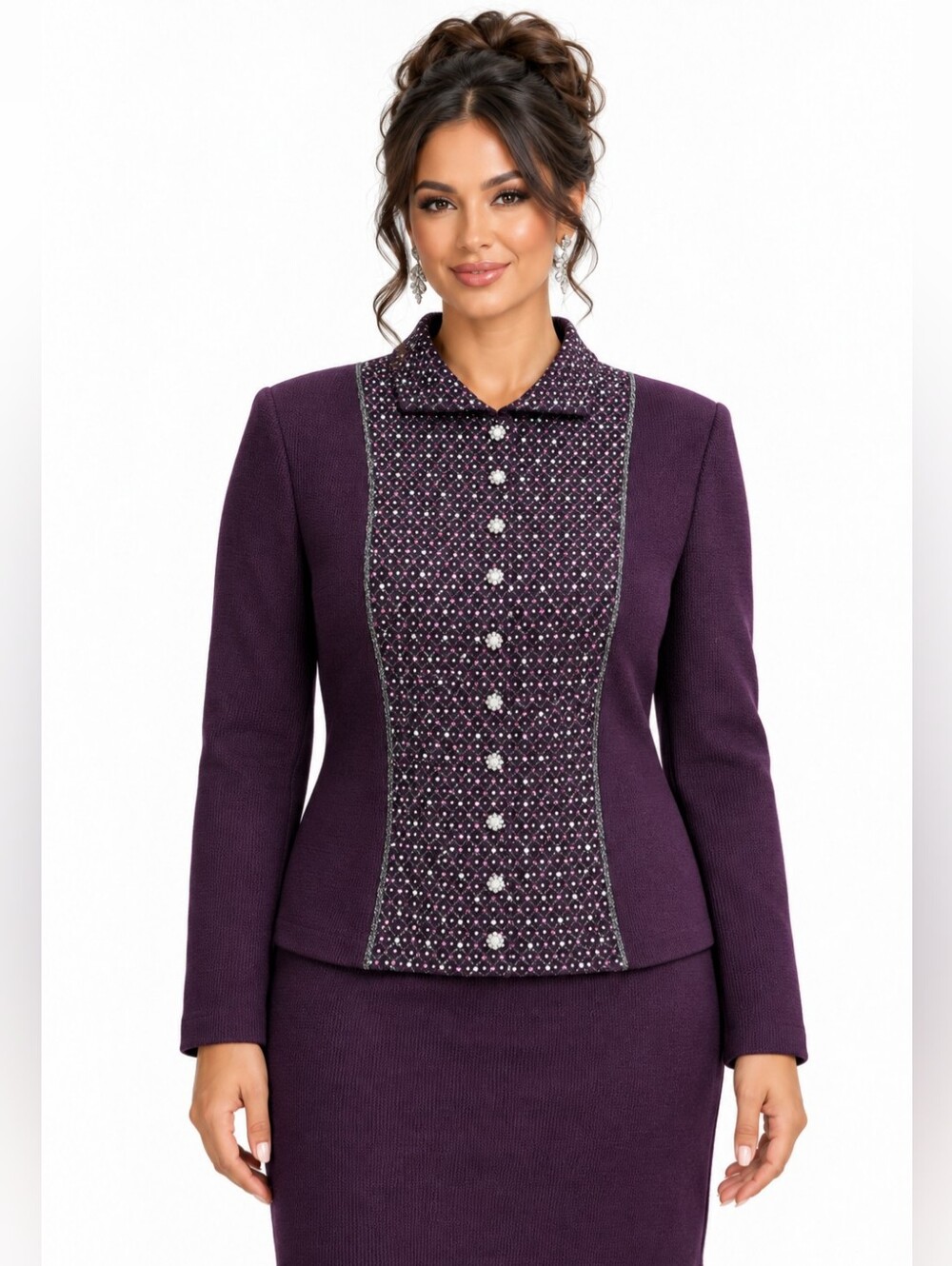 St John Evening Santana Knit Purple Crystal Skirt Suit Jacket 14 Skirt 12